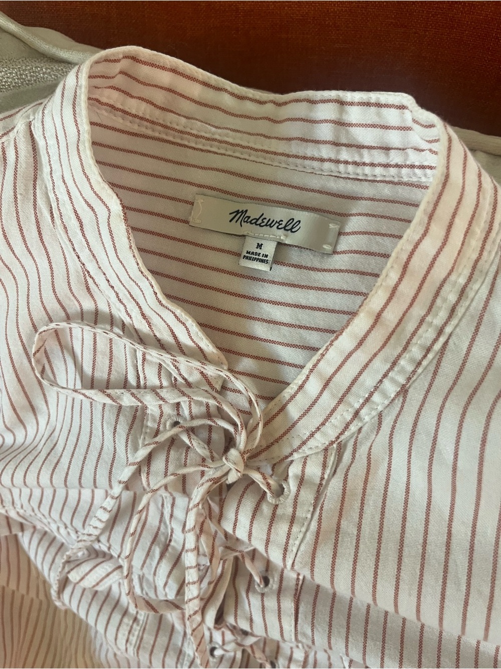 Madewell White Blouse with Rust Stripe Tie-Front